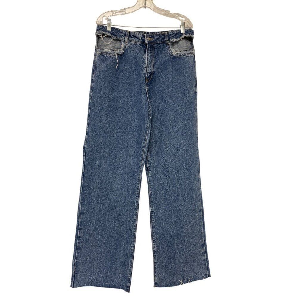 Zara Women Jeans EU 44 US 12 Straight Blue Denim Distressed Raw Hem 6164/178 NWT